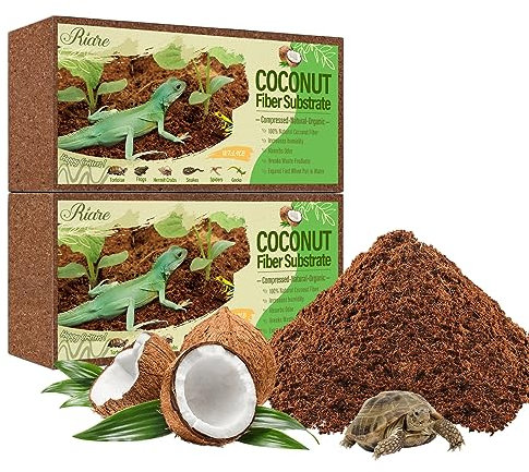 Riare 2 Pack Coconut Fiber Substrate for Reptile Natural Coco Substrate Premium Compressed Coconut Husk Terrarium Bedding for Reptile, Tortoise, Frogs, Snakes Hermit Crabs, Burrowing Animals (2 Pack)