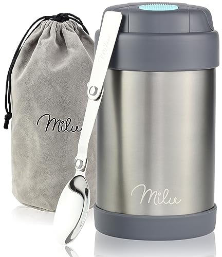 Milu® Thermobehälter für Essen Kinder 440ml, Edelstahl Warmhaltebehälter mit Löffel, Thermobecher 100% Auslaufsicher, Thermo Lunchbox, Thermobox Suppen, Babybrei, Speisebehälter Grau, 440ml