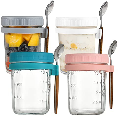 Hniuyun 4 Pack Overnight Oats Jars with Lids and Spoon, 10 oz Airtight Breakfast Jars with Measurement Marks, Mason Jars with Lid for Salads Cereal Milk Porridge Fruit