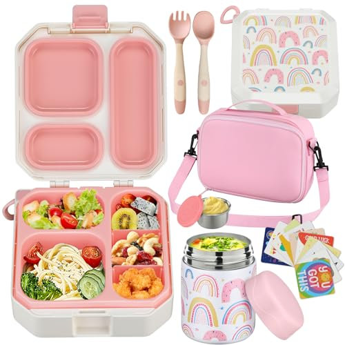 wiwens Bento-Lunchbox für Kinder mit 340 ml Suppe, auslaufsicherer Thermobehälter mit 5 Fächern, Thermobehälter für heiße Lebensmittel und isolierte Lunchtasche für Kinder, Kleinkinder, Mädchen,
