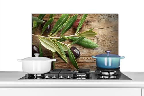 KitchenYeah© Fond de Hotte 60x40 cm Aluminium Crédence Cuisine Décoration Murale Crédence Plaque de Cuisson Anti Projection Olives - Feuilles - Bois - Nature Morte