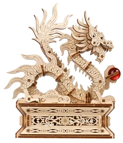 Ugears Wood Dragon 3D Puzzle - 3D Holzpuzzle Erwachsene Chinesischer Drache Modellbausatz Erwachsene - Glücksbringer Bauset mit Geheimfach und Perle Modellbau Holz - Geburtstagsgeschenk - 141 Teile