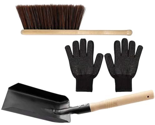 HONMEET Attrezzi Pulizia Per Stufa Con Paletta in Acciaio Spazzola Con Manico in Legno Naturale e Guanti Resistenti Al Calore Kit Leggero e Portatile Per Stufa Combustibile Solido Per Ri