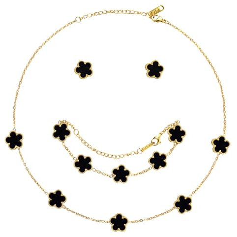 AmorArtSky Glücksklee-Halsketten-Schmuck-Set, 18 Karat vergoldet, Blumen-Design, fünfblättriges Armband, Kleeblatt-Halskettenanhänger, Kleeblatt-Ohrringe für Frauen, Glücksgeschenke für Mutter