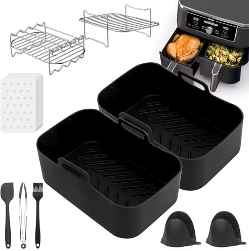 Air Fryer Accessories, Ninja Dual Air Fryer Accessories, 14Pcs Airfryer Accessoriesfor Dual-Basket Air Fryers 7.6-9.5L, Silicone Air Fryer Liners, Grill, Glove, Brush, Clip, Silicone Tong
