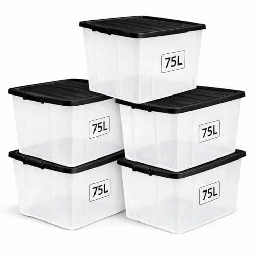 1ABOVE 5 Pack 75L Clear Plastic Storage Boxes with Black Lids – Strong BPA-Free Stackable & Nestable Storage Containers for Home, Office, Kitchen & Garage