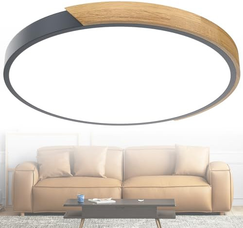 YRHome Deckenlampe Holz LED Deckenleuchte Holz Moderne Deckenlampen Rund Lampen Flach Wohnzimmerlampe Schlafzimmerlampe Lampe Holz für Flur Küche Lounge Balkon - Grauer Rahmen - 96W Kaltweiß