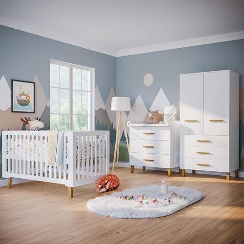 Bellabino Liri Kinderzimmer Set – 3-teiliges Babyzimmerset mit Gitterbett, Wickelkommode & Kinderkleiderschrank in Weiß/Natur – Babybett umbaubar – Wickeltisch mit abnehmbaren Wickelaufsatz