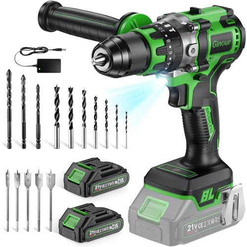 Ginour 90Nm Taladro Percutor a Bateria sin escobillas, 21V Atornillador | con 2x2Ah 10C Baterías compatible con Makita 18V, 22 Accesorios, 20+3 Par, Destornillador Electrico función impacto