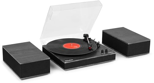 Audizio Tupelo Platine Vinyle Bluetooth avec 2 Enceintes Stéréo, Tourne Disque 3 Vitesses 33 45 78 Tours, Amplificateur Intégré, Auto Stop, Sortie RCA, Design Noir pour Salon ou Bureau