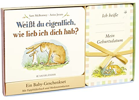 Weißt du eigentlich, wie lieb ich dich hab? Ein Baby-Geschenkset: Mit Pappbilderbuch und Meilensteinkarten | Geschenkidee für Babyparty, Geburt und Taufe