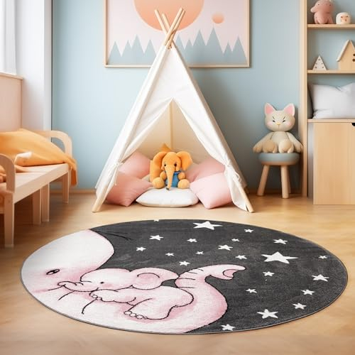 SIMPEX Teppich Rund Kinderzimmer Elefant Design Kurzflor Kinderteppich mädchen Spielteppich Modern Design Babyzimmer Teppiche für Junge und Mädchen Extra Weich und Antiallergen Pink 160 cm Rund