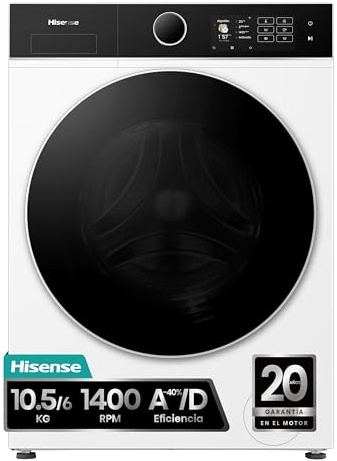 Hisense WD5I1045BWQ - Lavadora secadora 10,5 Kg lavado, 6 Kg secado, Clase A-40%/D, 1400 rpm, puerta cristal, conectividad WiFi, fondo reducido 55cm - color Blanco