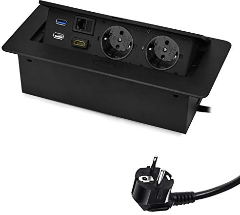 Spacetronik Versenkbare Einbausteckdose, 2-Fach Tischsteckdose, 16A/230V | 2x Schuko mit 2 USB, HDMI und LAN, Tischplatte Versenkte Steckdose Arbeitsplatte, Steckdosenleiste mit 1.5M Kabel