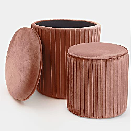 Norbe | TIK TAK | Set di 2 Pouf Contenitore Velluto Cilindro Sgabello a Coste | Poggiapiedi Scrivania Toeletta Trucco Poltroncina Bimbi Da Camera Salotto Poggia piedi Comodino|Poltrona (Rosa)