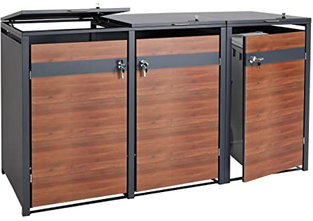 3er Mülltonnenverkleidung HWC-J82, Mülltonnenbox, erweiterbar, Metall 80kg, anthrazit - Kirsche-Holzoptik Dunkelbraun
