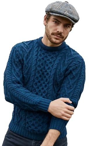 SAOL 100% Maglione Aran in lana merino irlandese tradizionale da uomo, girocollo, con lavorazione a trecce, blu oceano, M
