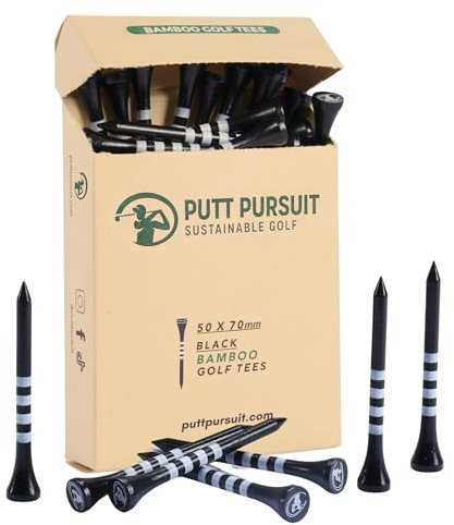 Golf Tees - 7cm/ 70mm Bamboo Golf Tee - Biodegradable Golf Tees Wooden - Strong & Sustainable Bamboo Tees - Golf Gifts for Men - Golf accessories for men - 50 Pack Tee in Black Colour & White Stripes