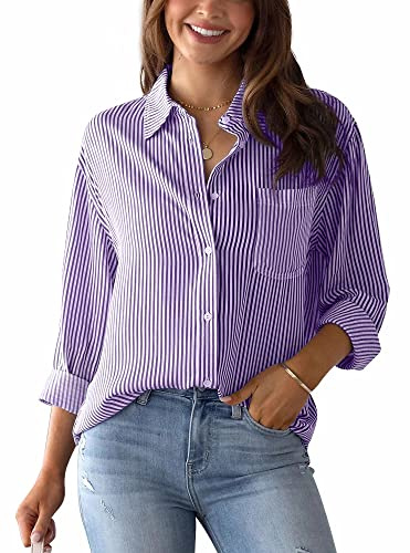 Linen Shirts for Women Casual Long Sleeve V Neck Blouse Shirt Button Down Basic Loose Tunic Tops Elegant Office Work Blouses Cotton Fashion Longline Shirts Purple M