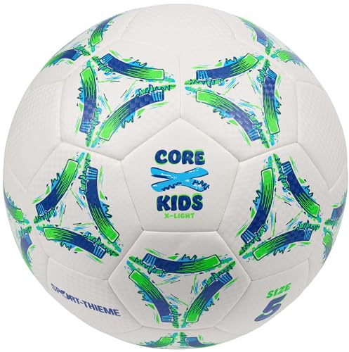 Sport-Thieme Fußball CoreX Kids X-Light | Leicht-Trainingsball | Hybrid-Technologie | Größe 4 & 5 | Golfball-Oberfläche | 290 g | PU Material | Weiß-Grün-Blau