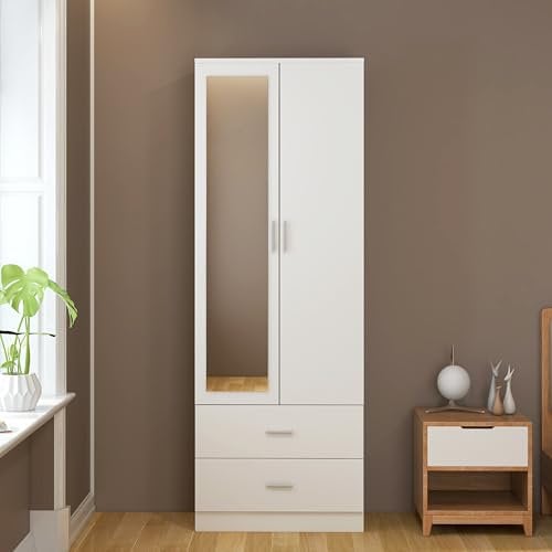 2 Doors Mirrored Wardrobe for Small Bedroom Bedroom Furniture Robe with 2 Drawers, Hanging Rail, 77 x 50 x 180 cm (White)