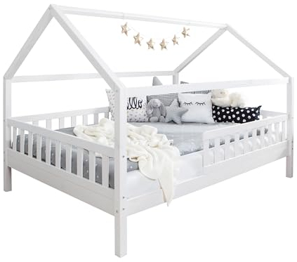 TiCAA Kinderbett Hausbett Kay 140x200 Kiefer weiß