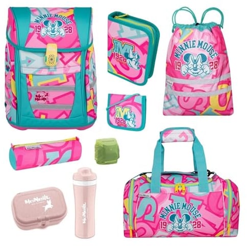 Familando Minnie Mouse Schulranzen Set für Mädchen 1. Klasse - mit passender Sporttasche, Dose und Flasche - Ergonomisch, Leicht, Geräumig - 980 Gramm, 18 L Volumen - McNeill Teneris Schultasche