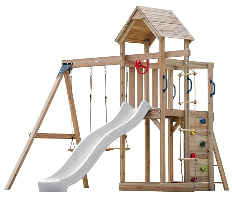 AXI Moos Casetta in Legno Bimbi Completa, 2 Altalene, Scivolo Bianco, Scala di corda/Parco giochi all'aperto con Altalene/Sabbiera/Muro di Arrampicata | Casetta in legno da esterno su palafitte.