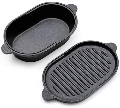 Warmiehomy 2 in 1 Cast Iron Dutch Oven,23cm Pre-Seasoned Cast Iron Pot with Skillet Lid,Non-Stick Skillet and Pot Set with Two Handles for Indoor Outdoor,Oval 2L