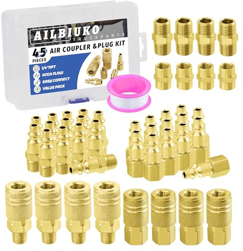 Ailbiuko Air Coupler & Plug Kit,45 Pcs 1/4 NPT Air Tool Fittings Set,Quick Connect Air Hose Fittings Air Compressor Accessories
