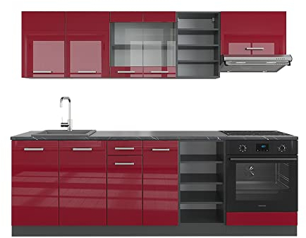 Vicco Küchenzeile R-Line, Bordeaux Hochglanz/Anthrazit, 240 cm, AP Anthrazit