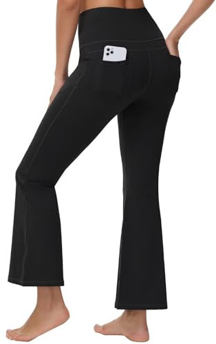 GEMZIX Damen Kühlende Bootcut Yogahose High Waist Butterweiche Stretch Jogginghose Leggings Sporthose Lang Schlaghose Weites Bein Hose Arbeitshose mit Taschen Jeggings für Gym Alltag, Schwarz, M