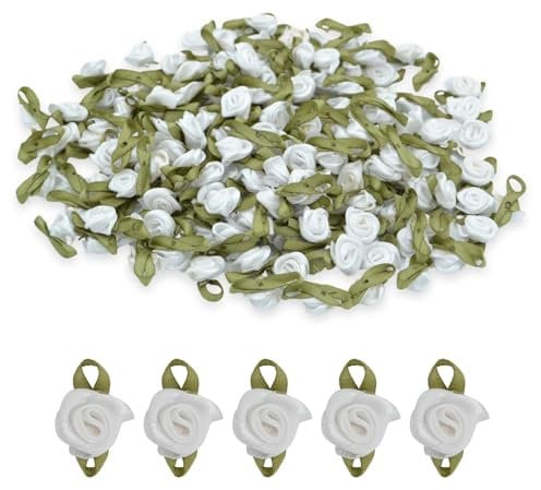 celloexpress 15mm White #01 Satin Ribbon Roses with Green Leaves - Small Flower Buds - Crafts, Embellishments (Pack of 50)