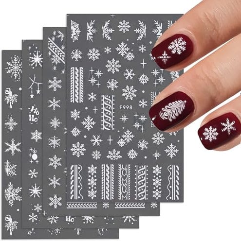4 Sheets Christmas Nail Art Stickers White Snowflakes Nail Decals Self-Adhesive Manicure Tips DIY Christmas Nail Art Design Nail Decorations for Women Girls