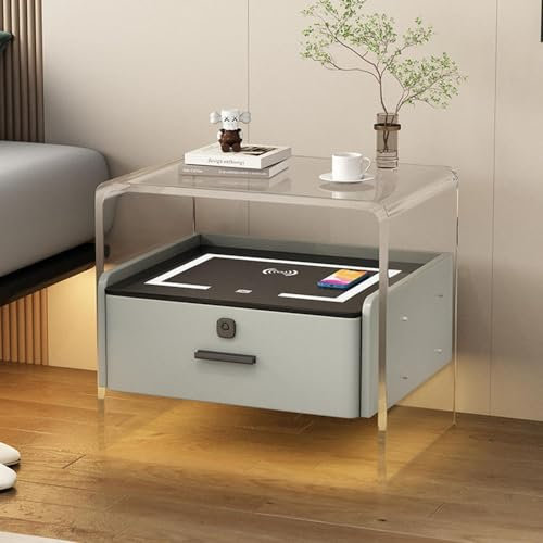 LIFENGFF Bedside Chest narrow Smart Nightstand Acrylic Bedside Table With Fingerprint Lock Charging Station Bedside Chest Led End Table Chest Of Drawer Cabinet