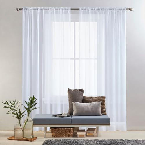 Blanc Voilage à Oeillet Rideau Semi 110 x 200 cm Décoration de Fenêtre/Lavable Rideau Occultant, Panneaux de Rideaux Intérieurs pour Chambre Fenêtre Salon Coucher, Blanc