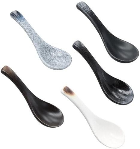 5 Piezas Cucharas para Sopa de Cerámica, Juego de Cucharas de Sopa de Cerámica, Cucharas de Vajilla Asiáticas, Cucharas de Cerámica Ramen, Cuchara de Sopa para Wonton, Dumpling, Pasta