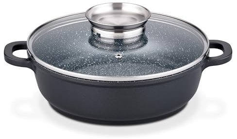 GSW Gourmet Servierpfanne aus Granit mit Aroma Glasdeckel, Pfanne Induktion mit kratzfester Antihaftbeschichtung, Bräter mit Deckel, Bratpfanne 24 cm, Schwarz