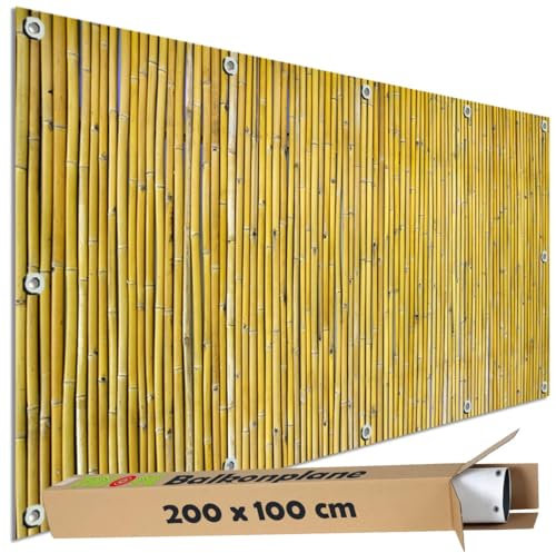 TRIOSK Sichtschutz Balkon Deko Plane Balkonblende Blickdicht mit Motiv Bambus Stäbe Optik für Garten Terrasse Gartenzaun Balkonverkleidung Blickschutz PVC groß 200x100 cm Beige