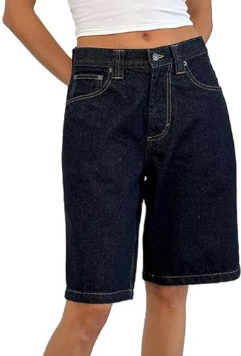 Bermudas Jorts Baggy Jeans Shorts: Pantalones Cortos Vaqueros Holgados Informales de Pierna Ancha hasta La Rodilla con Bolsillos