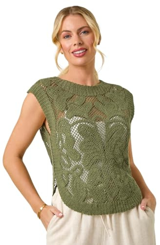Roman Petite Curve Hem Crochet Top for Women UK - Ladies Everyday Holiday Spring Summer Round Neckline Comfy Soft Evening Vacation Work Party - Petite Khaki - Size L