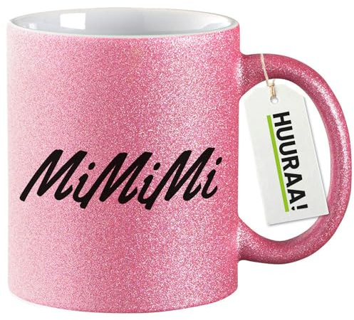 Huuraa Glitzertasse Mimimi Schriftzug Geschenk | Motivtasse 330ml Glitzer Tasse mit Spruch Pink Keramik Kaffeebecher Geschenkidee Pinker Glitter Becher mit Motiv