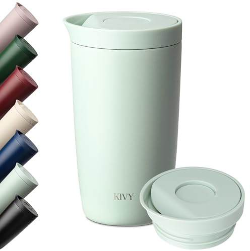 KIVY Termo de Café 350ml [CIERRE QUICK PRESS] - Vaso Termico - Taza Termica Llevar - Para Bebidas Frías & Calientes - Travel Mug - Sin BPA & A Prueba de Fugas - Doble Pared & Acero Inoxidable - Vert
