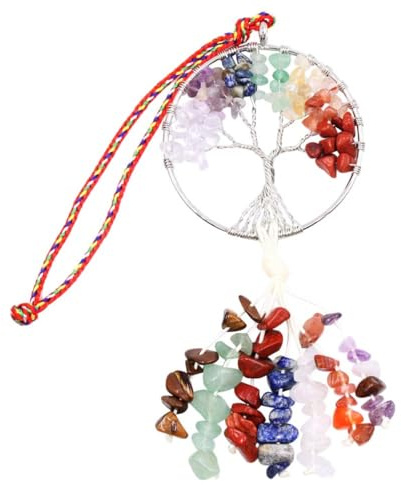 Tofficu Pendentif Arbre de Vie Chakras Pierre Naturelle Colorée pour Décoration Intérieure et Voiture Élégant Ornement Suspendu Énergie Positive