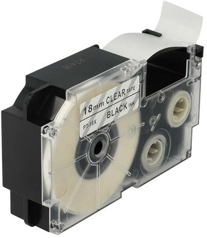 vhbw Schriftband-Kassette Ersatz für Casio XR-18X1 | XR-18X für Etiketten-Drucker 8m x 18mm Schwarz auf Transparent, pet+ RESIN