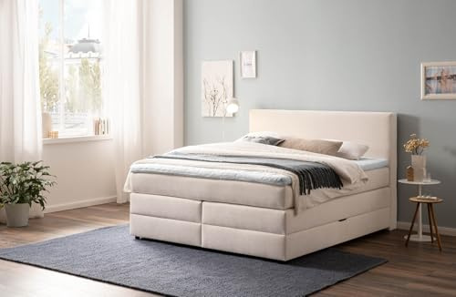 Belanoti Loft Boxspringbett 200x200 mit Bettkasten 7-Zonen Taschenfederkern Matratze inklusive Visco Topper Bett 200x200 in der Farbe Beige H2 und H3 Polsterbett mit Stauraum