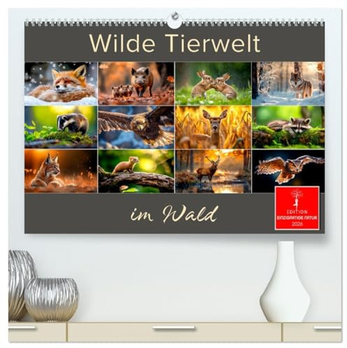 Wilde Tierwelt im Wald (hochwertiger Premium Wandkalender 2026 DIN A2 quer), Kunstdruck in Hochglanz: Scheue Waldbewohner gekonnt in Szene gesetzt. (CALVENDO Tiere)