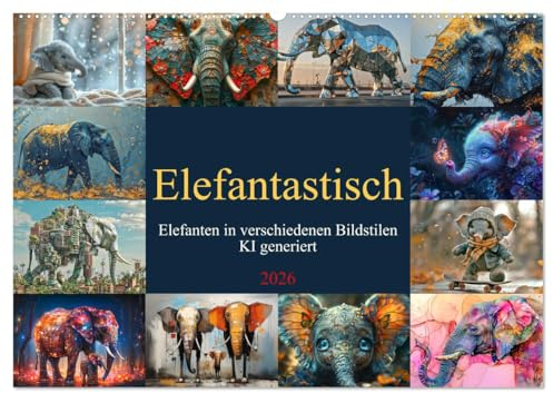 Elefantastisch (Wandkalender 2026 DIN A2 quer), CALVENDO Monatskalender: Elefanten in verschiedenen Bildstilen - KI generiert (CALVENDO Tiere)