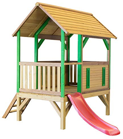 AXI Spielhaus Akela mit roter Rutsche | Stelzenhaus in Braun & Grün aus FSC Holz für Kinder | Spielturm für den Garten..