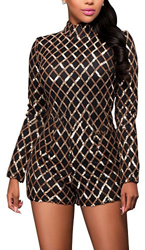 Eleganter Damen Pailletten Jumpsuit Kurz Hosen Rundhals Ausschnitt Langarm Frauen Overall Party Abendmode Schwarz Gold M